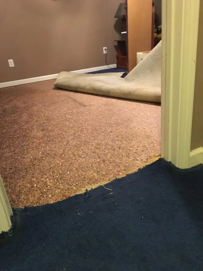 Carpet pad removal revealing water damage during Water Mitigation Services in Asbury Lake